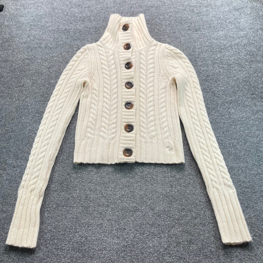 Y2K Abercrombie Fitch Cardigan Women's M Cream Wool Cashmere Cable Knit Sweater